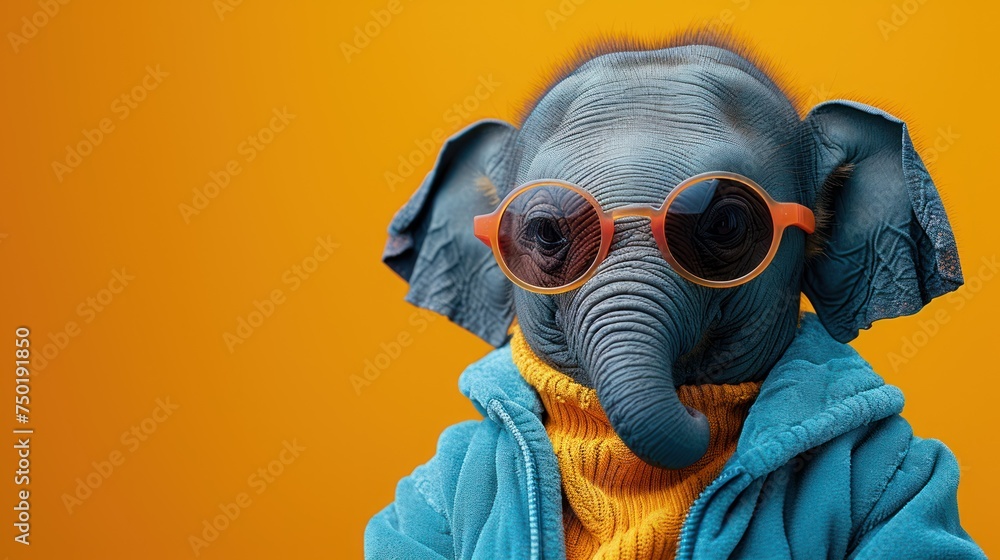  a close up of an elephant wearing sunglasses and a blue jacket with an elephant's head sticking out of it's ears and wearing a blue jacket and orange glasses.
