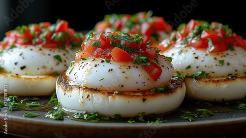  a close up of a plate of food with scallops and tomatoes on top of each of the scallops and garnishments on top of the scallops. photo