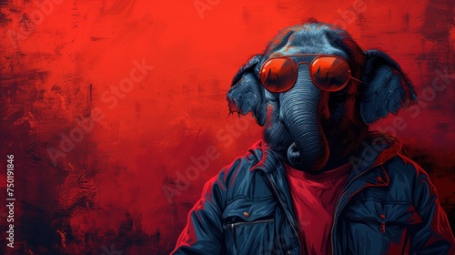  a painting of an elephant with sunglasses on it's head and a man in a red shirt in front of a red background with a black elephant wearing a blue jacket and red jacket.