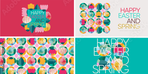 Happy easter! Vector illustration of geometric modern trendy abstract pattern, easter eggs, background, flowers and leaves for poster, flyer, greeting card or horizontal banner