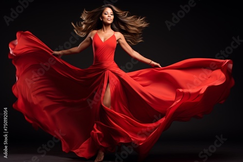 Captivating image of elegant brunette woman passionately dancing the tango in vibrant red dress