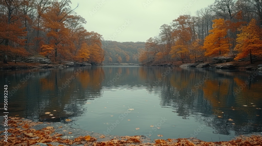  a body of water surrounded by trees with leaves on the ground and in front of it is a body of water surrounded by trees with leaves on the ground and in the water.