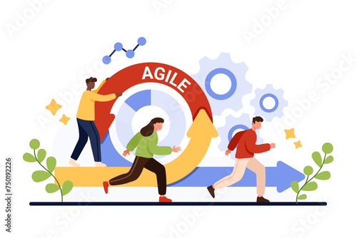 Agile methodology for digital project management and development process, daily work. Tiny nimble people running fast near circular flexible arrow of agile method cartoon vector illustration