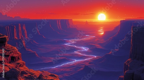  a painting of a sunset over a canyon with a river in the foreground and a bright orange sun in the middle of the sky overcast sky above the canyon.