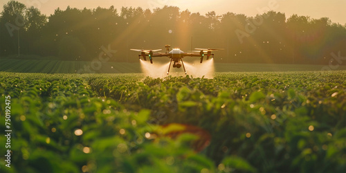Advanced smart farm drone flies over crops, delivering efficient spray applications. © Muhammad