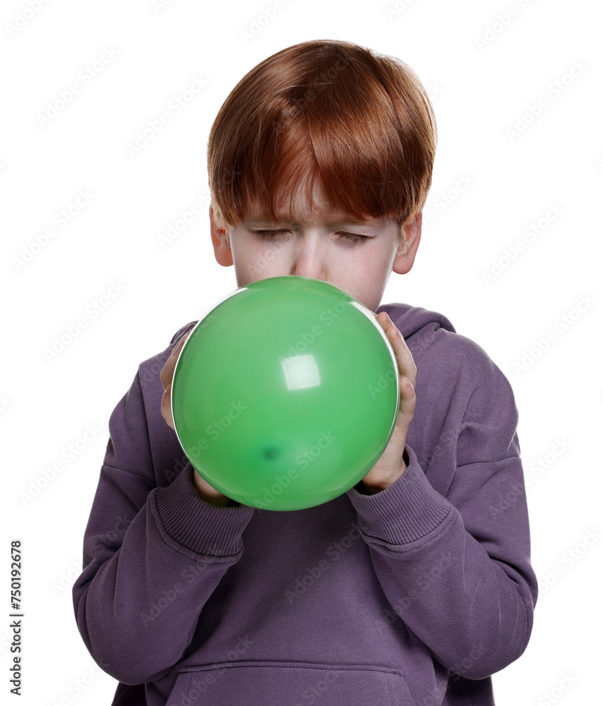 Boy inflating green balloon on white background Boy inflating green balloon on white background