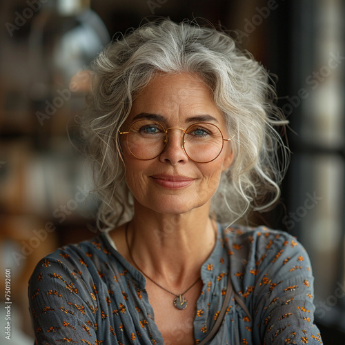 A lovely elderly intelligent woman with glasses and a slight smile