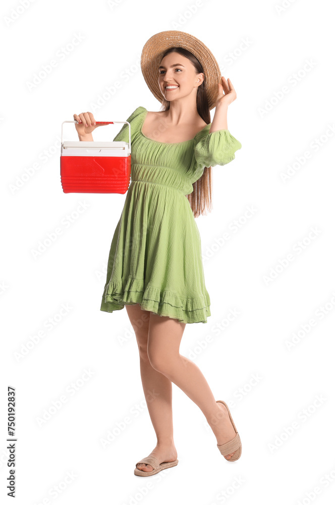 Happy young woman with plastic cool box isolated on white Happy young woman with plastic cool box isolated on white