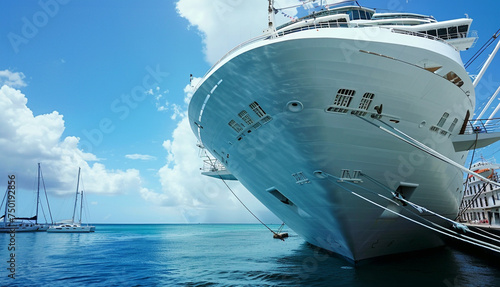 The morning view of a cruise ship docked in port, travel and cruise holiday concept