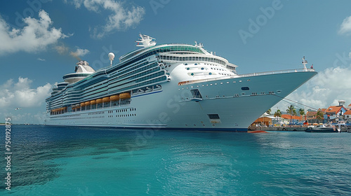 The morning view of a cruise ship docked in port, travel and cruise holiday concept © © Raymond Orton