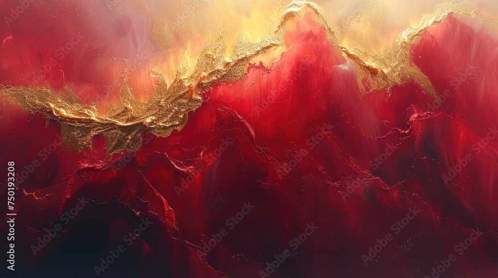 a painting of a red and gold mountain with a white sky in the background and a gold line across the top of the mountain to the top of the mountain.