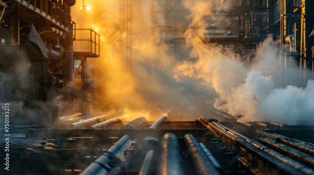 An industrial steel production scene with billowing smoke and a warm golden glow highlighting the powerful manufacturing process.