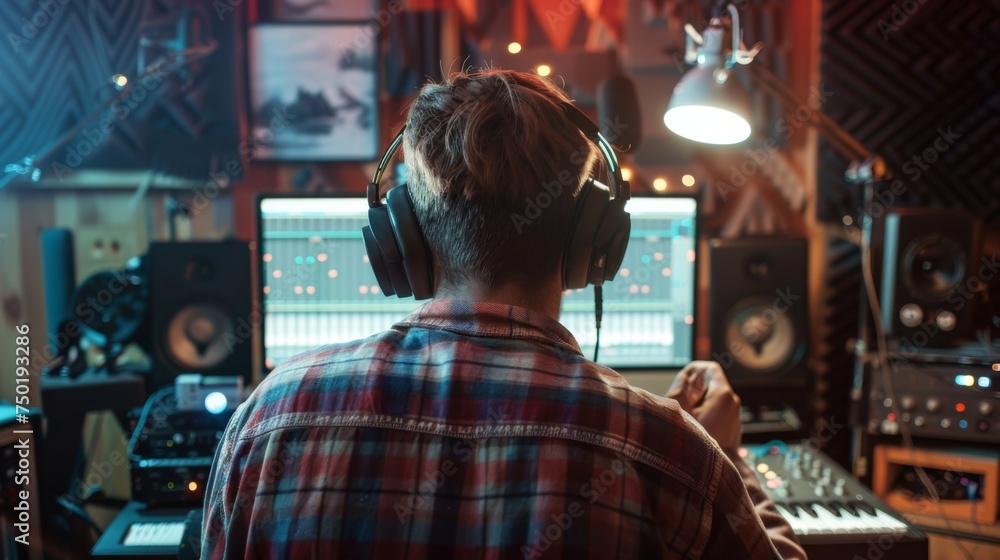 A young adult music producer is seen from behind as he works on sound mixing in his well-equipped, cozy home studio.