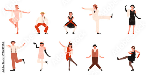 People dance on Charleston party set. Male and female dancer characters dancing to music in 1920s style, Broadway show collection, young woman and man move in funny poses cartoon vector illustration