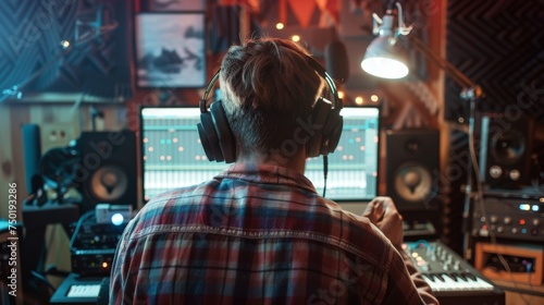 A young adult music producer is seen from behind as he works on sound mixing in his well-equipped, cozy home studio. © Victoriia
