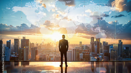Creative businessman looking over the city, concept of future, success and business strategy, abstract background