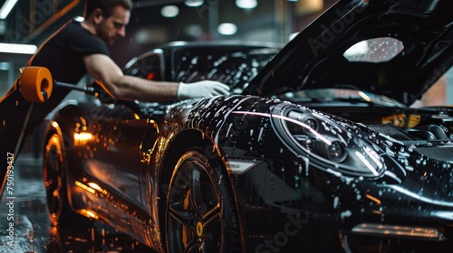 A professional car detailer washes a luxury black car in a well-lit auto garage, ensuring a high-quality finish.