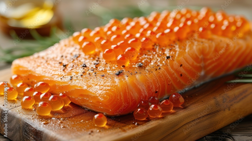 a piece of salmon sitting on top of a wooden cutting board next to a glass of olive oil and a sprig of rosemary sprig of rosemary. a piece of salmon sitting on top of a wooden cutting board next to a glass of olive oil and a sprig of rosemary sprig of rosemary.