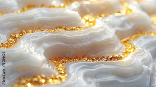  a close up of a white and gold dessert with gold sprinkles on the top of the icing and gold sprinkles on the bottom of the icing.
