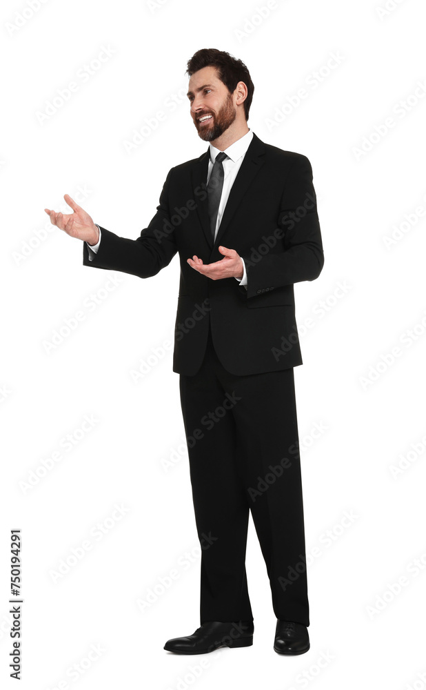 Handsome man greeting someone on white background Handsome man greeting someone on white background