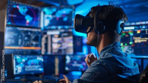 Focused male using VR headset surrounded by advanced technology screens and displays in a dark room.
