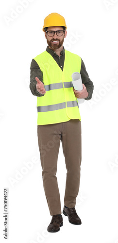 Architect in hard hat with draft greeting someone on white background © New Africa