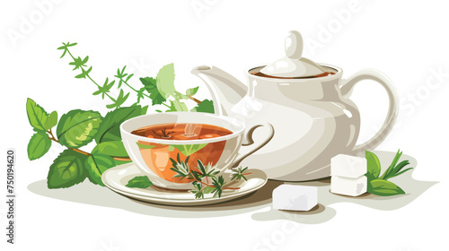 Delicious herbs tea cup with teapot and sugar isolat