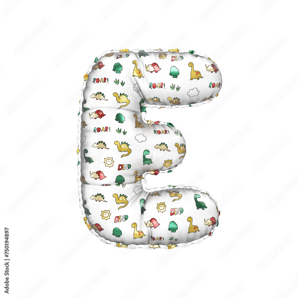 3D inflated balloon letter E with multicolored matte white textured dinosaurus design for children 3D inflated balloon letter E with multicolored matte white textured dinosaurus design for children