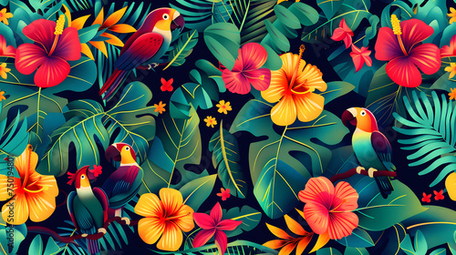 Seamless pattern background influenced by the forms and vibrant colors of tropical rainforests with colorful birds and flowers
