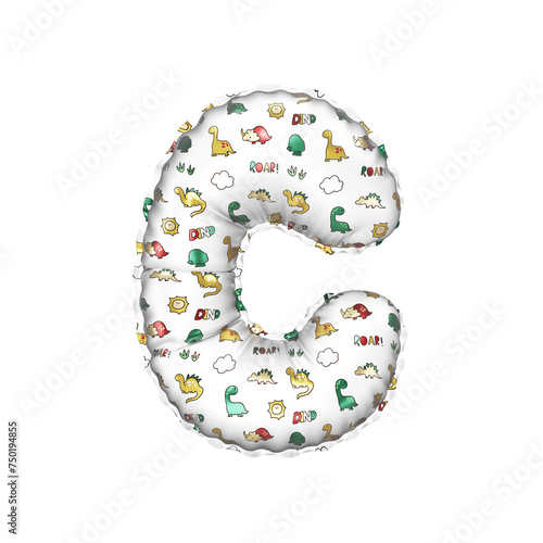 3D inflated balloon letter C with multicolored matte white textured dinosaurus design for children