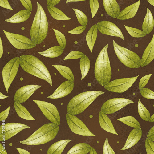 Green Leaves seamless pattern | repeat files | brown background and textures (ID: 750194869)