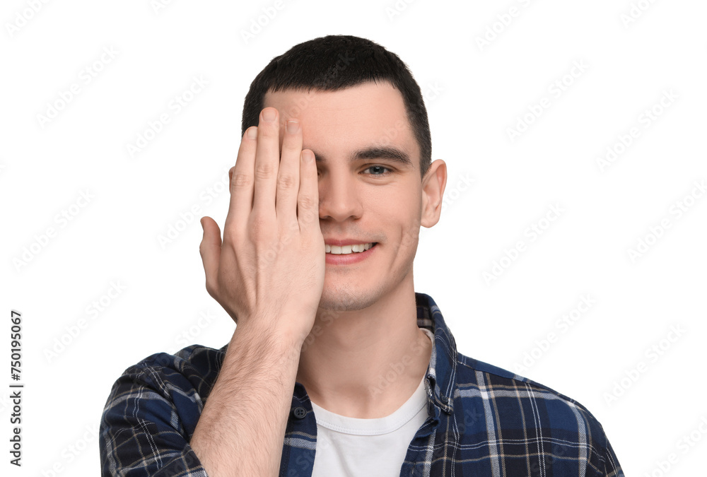 Young man covering his eye on white background Young man covering his eye on white background