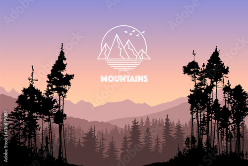 Vector landscape with silhouettes of mountains and forest at sunset. Beautiful outdoor scene from national park, natural reserve