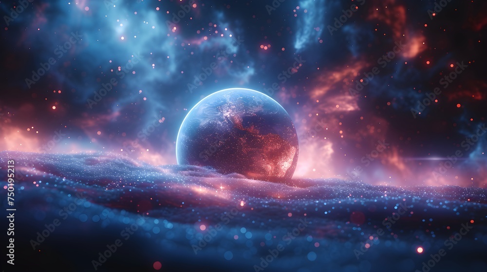 Planet lying on the waves from chatitz. Fantastic space sky with beautiful stars and galaxies, 3D illustration. - obrazy, fototapety, plakaty 