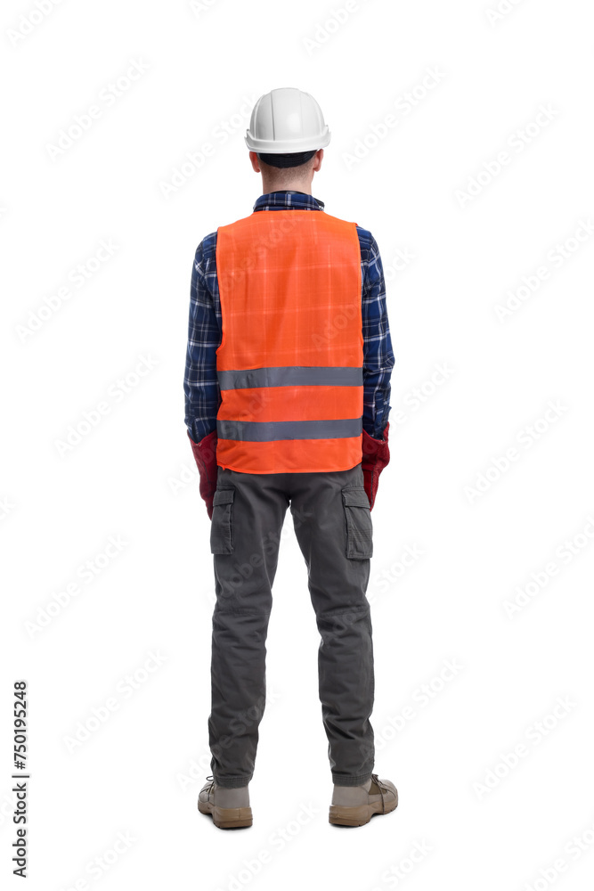 Young man wearing safety equipment on white background, back view Young man wearing safety equipment on white background, back view
