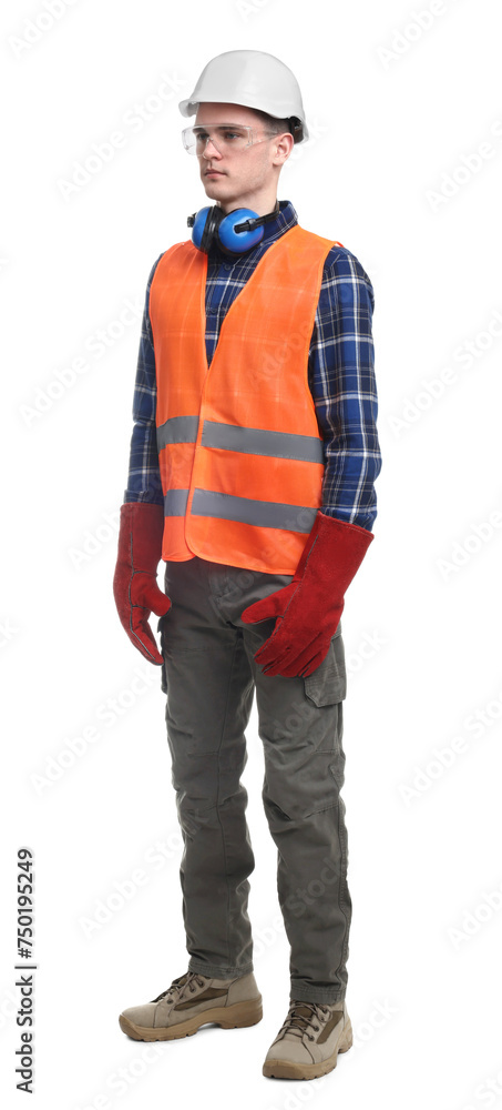 Young man wearing safety equipment on white background Young man wearing safety equipment on white background