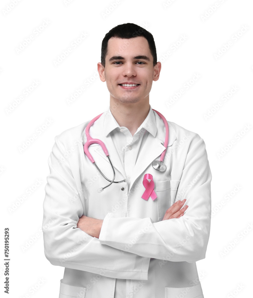 Portrait of smiling mammologist with pink ribbon and stethoscope on white background. Breast cancer awareness Portrait of smiling mammologist with pink ribbon and stethoscope on white background. Breast cancer awareness
