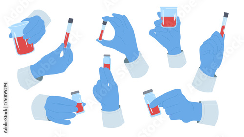 Hand of doctor in medical glove holding blood test tube set. Laboratory examination of blood sample for allergy, malaria or hepatitis, genetic analysis in glass vials cartoon vector illustration