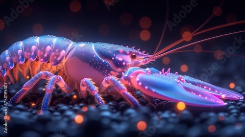  a close up of a blue and pink shrimp on a black background with a lot of small dots of light coming from the top of the shrimp's head.