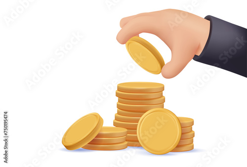 Human hand putting coin to stack of coins 3D illustration background. Investment, saving money and finance growth business concept. 3D cartoon vector illustration for poster or banner design