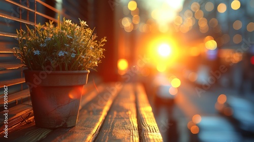  a potted plant sitting on top of a wooden bench in front of a window with the sun shining down on the street in the backround of the building.