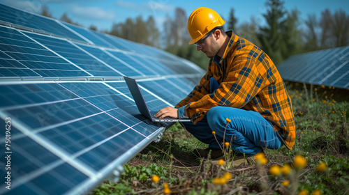 Technician check and maintenance of the solar panel at solar power plant,Solar panels. electrical engineer working use laptop to inspect the installation and maintain solar panels in the solar station