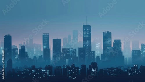 Blue morning haze over city skyline - Early morning city skyline enveloped in a cool blue haze, depicting the start of urban life