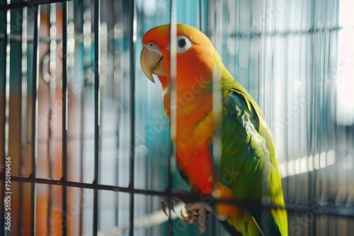 Caged sun conure parrot looking curious - A vibrant sun conure parrot peers out of its cage, showcasing its bright plumage and curious nature