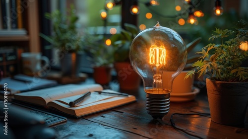  a light bulb sitting on top of a wooden table next to a potted plant and a notebook on top of a wooden table next to a potted plant.