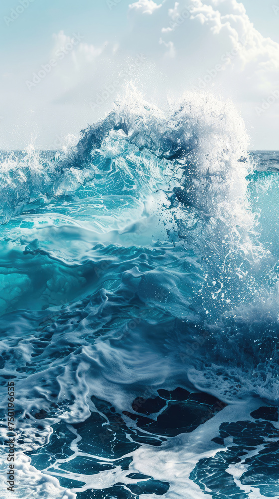 Fototapeta premium Dynamic crashing wave with detailed foam - A high-energy snapshot capturing the raw force of a wave as it crashes, surrounded by detailed sea foam