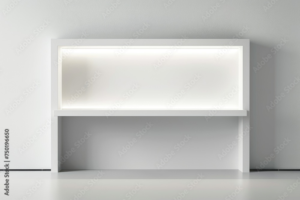 Fototapeta premium Empty white illuminated niche shelf on a blank wall - An empty niche shelf lit from within, casting a soft glow on a plain wall, evoking cleanliness and potential for display