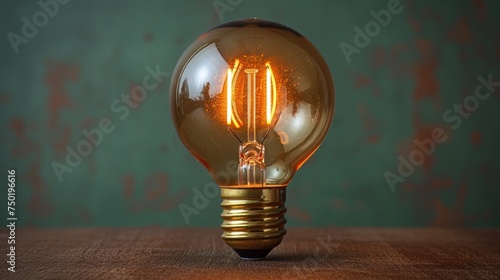  a light bulb on a wooden table with a green wall in the backgrounnd of the picture and a green wall in the backgrounnd of the picture.