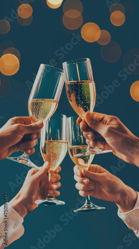 Elegant champagne toast with sparkling bubbles - Six hands clinking flutes of champagne against a backdrop of twinkling bokeh lights, symbolizing celebration