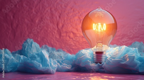  a light bulb sitting on top of a pile of crumpled up blue paper on a pink and pink background with the word moo written in the middle of the light bulb. photo